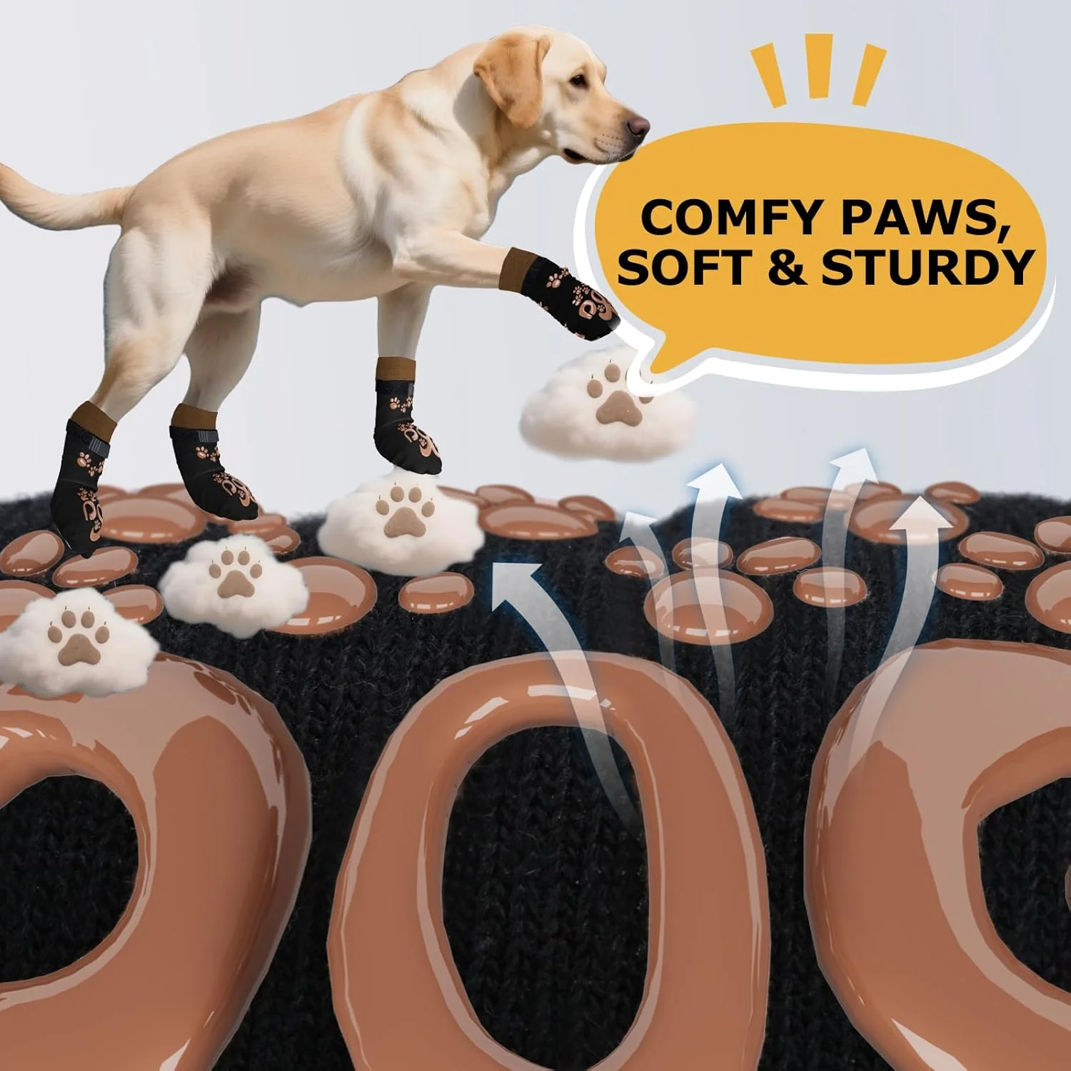 Senior dog wearing anti-slip socks, showing paw coverage