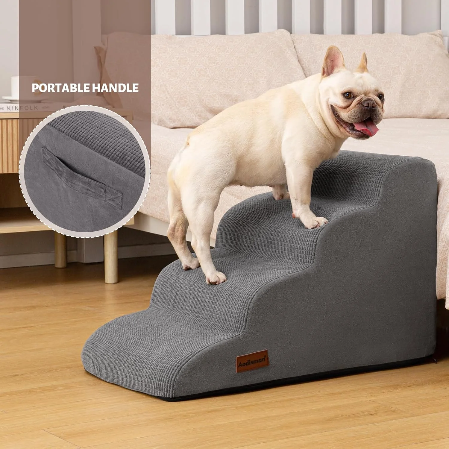 Close-up of the zippered, removable cover of the Aodisman dog stairs
