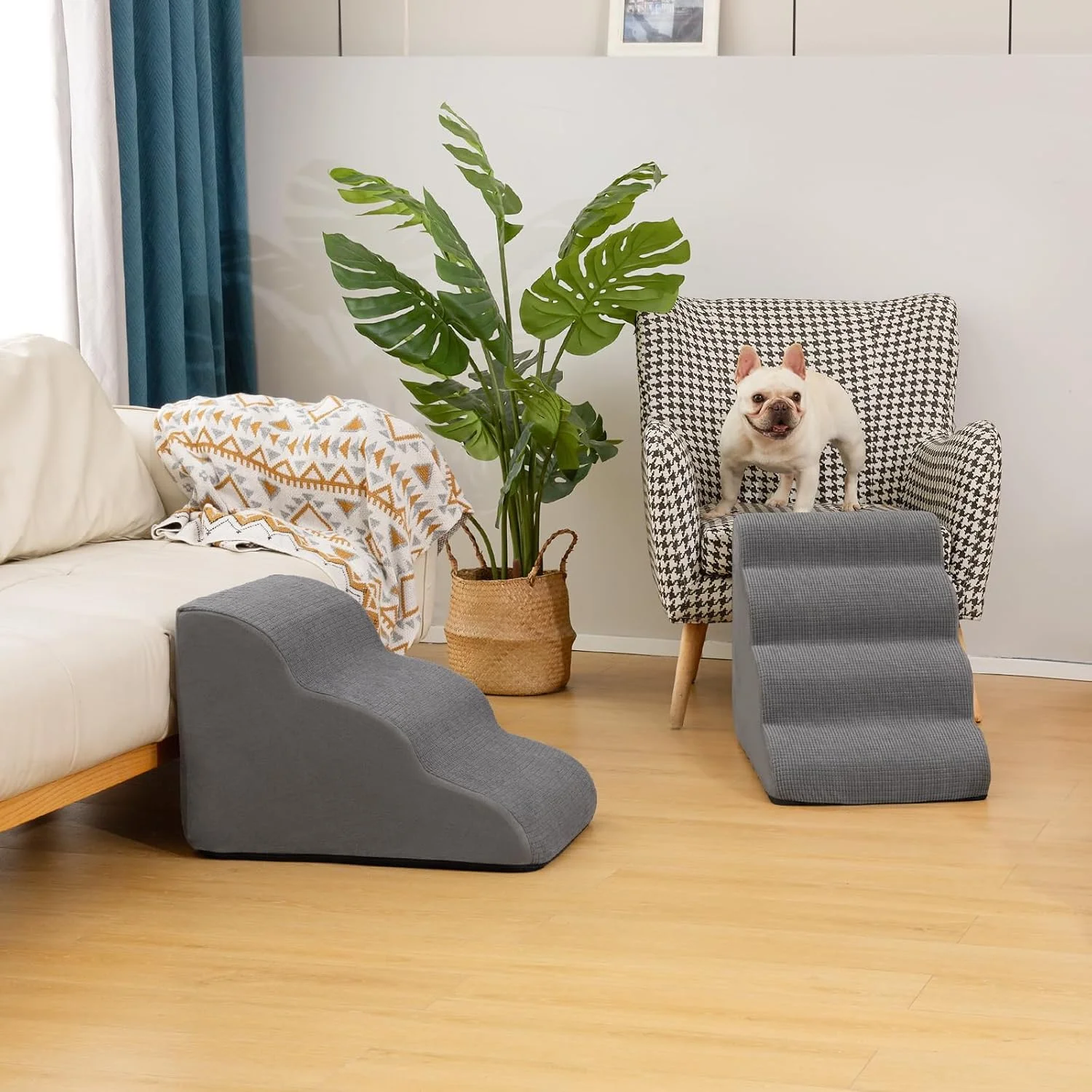 A small senior dog happily using Aodisman 4-Step Dog Stairs