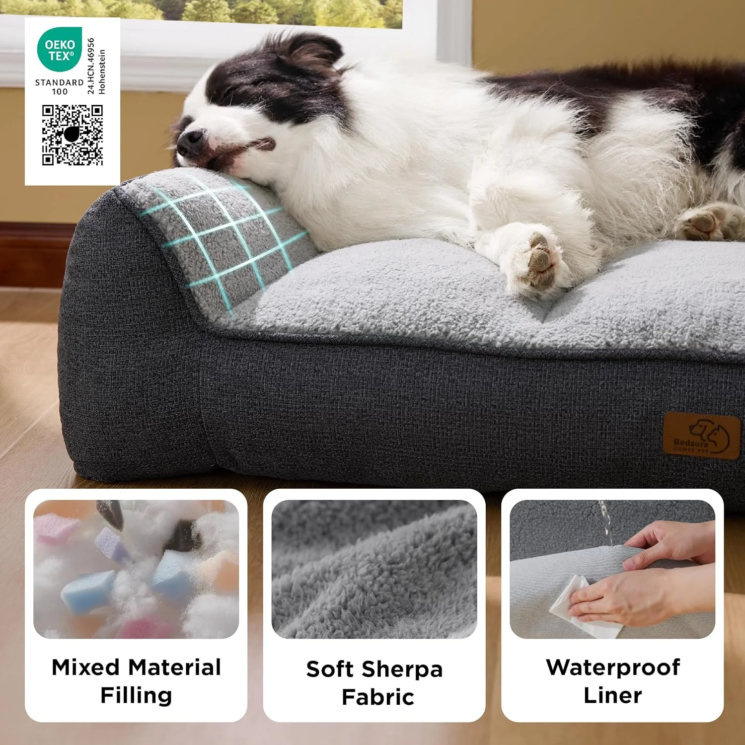 A large senior dog resting comfortably on the Bedsure SupportMax XL Pro orthopedic dog bed