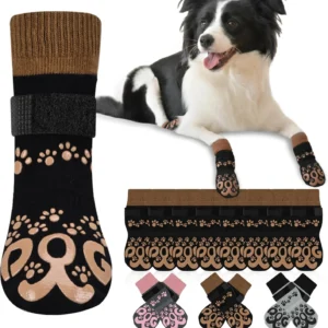 Dog Socks to Prevent Licking Paws - Double Side Dog Booties for Hot Pavement, Dogs Paw Sock, No Twist Dogs Socks for Hardwood Floors Anti Slip, Black and Caramel, L