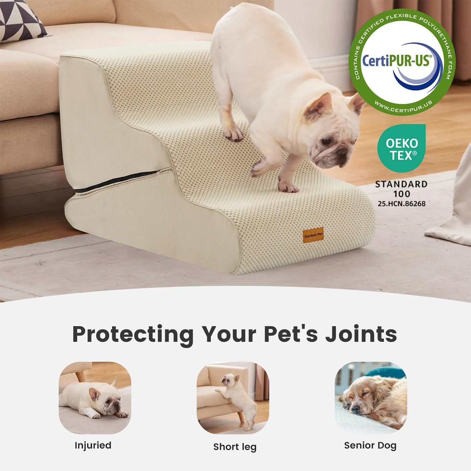Gardner Pet 4-Step Dog Stairs next to a couch, showing accessible height for small dogs