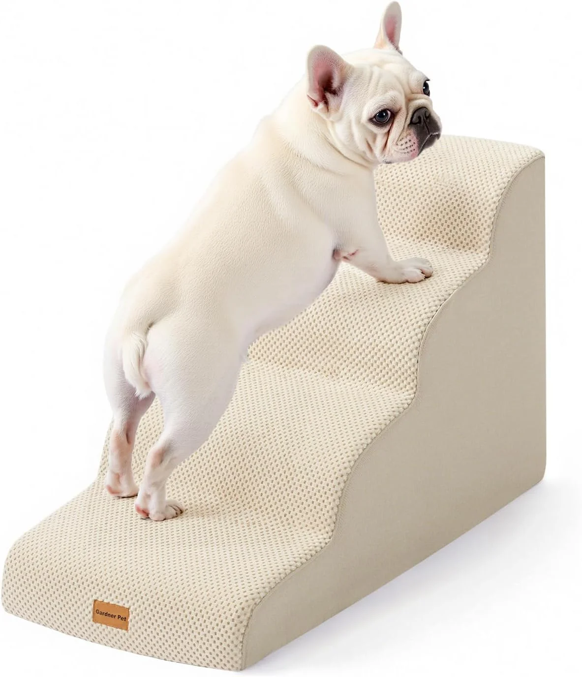 Lifestyle shot of a happy senior dog easily using Gardner Pet 4-Step Dog Stairs