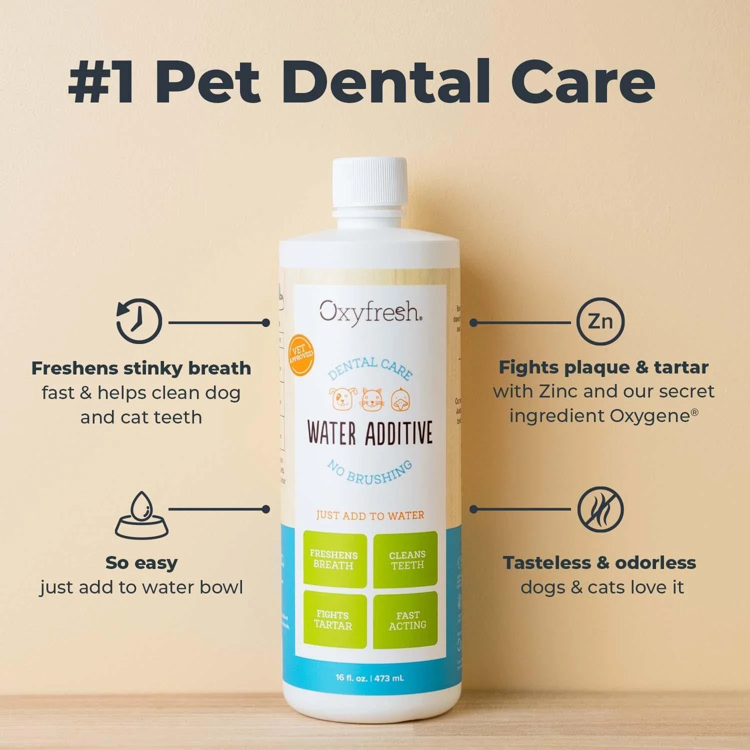 Close-up of Oxyfresh Pet Dental Care Solution bottle showing its clear liquid