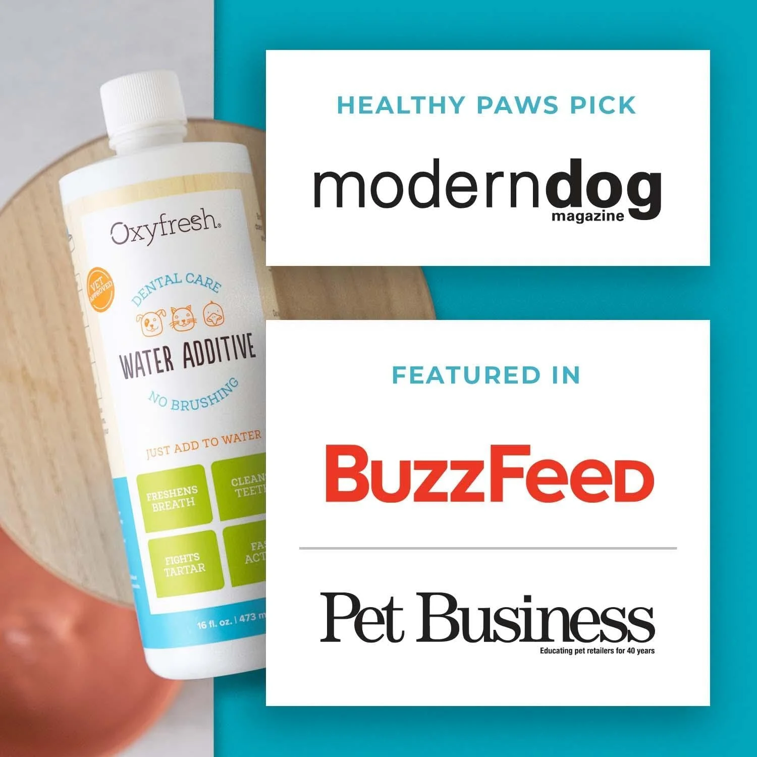 Oxyfresh Pet Dental Care Solution product packaging with key benefits highlighted