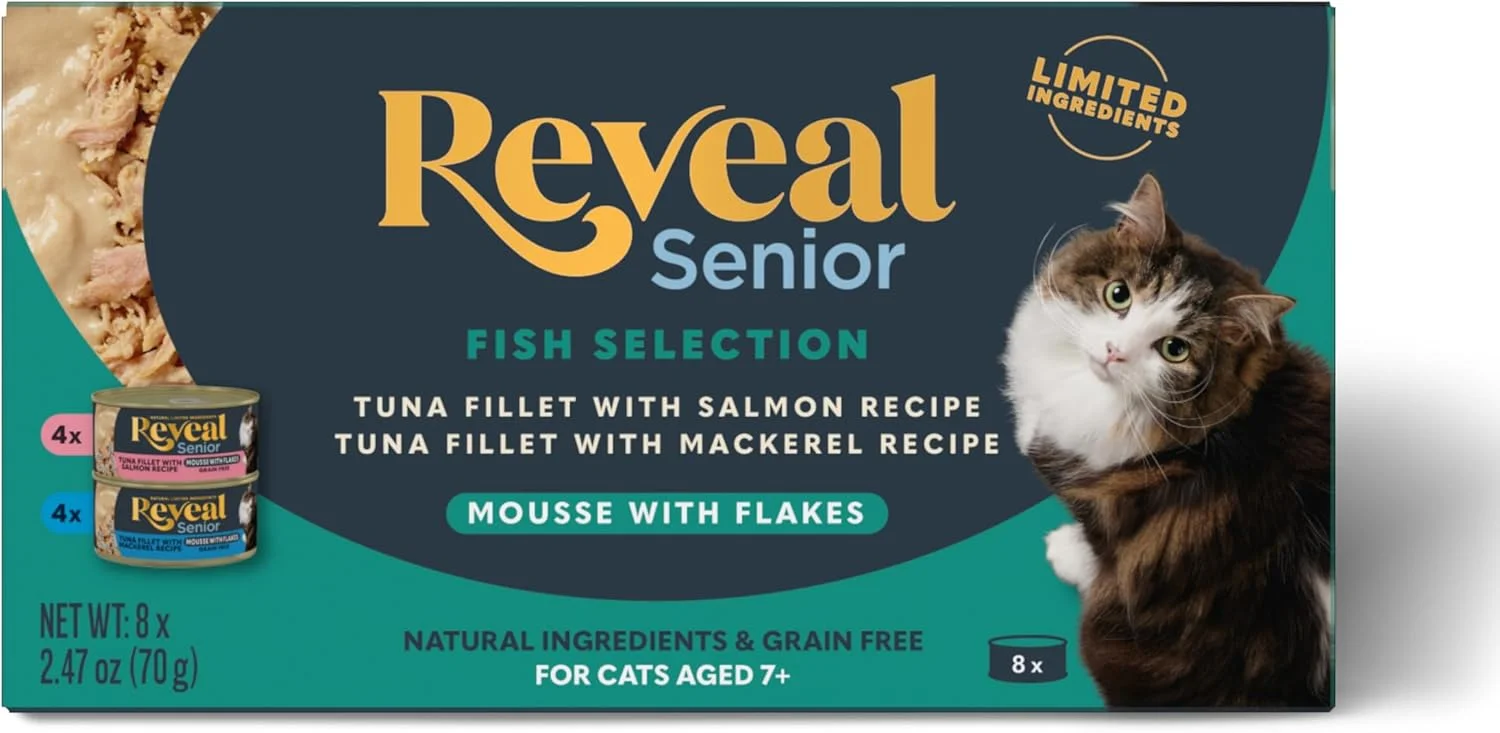 Reveal Natural Wet Senior Cat Food Flakes packaging and texture
