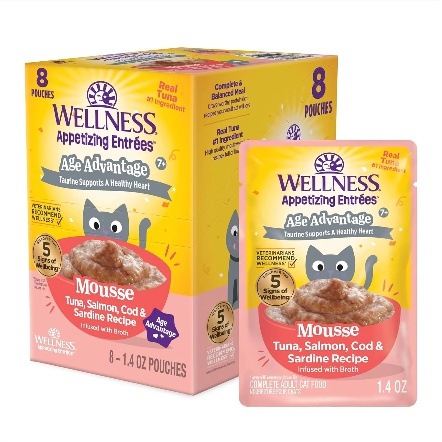 Senior cat enjoying a smooth mousse texture from Wellness Appetizing Entrées Age Advantage Mousse