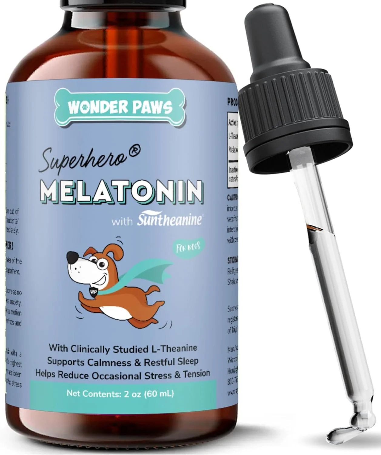 Wonder Paws Melatonin for Dogs bottle and dropper