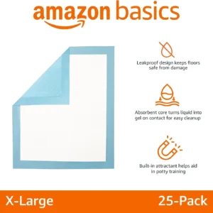 Amazon Basics Super Absorbent Dog and Puppy Potty Pads, Leak-Proof 5-Layer Design with Quick-Dry Surface for Housebreaking, Heavy Duty Absorbency, X-Large, 28 x 34 Inch, Blue & White, 25-Pack view 2