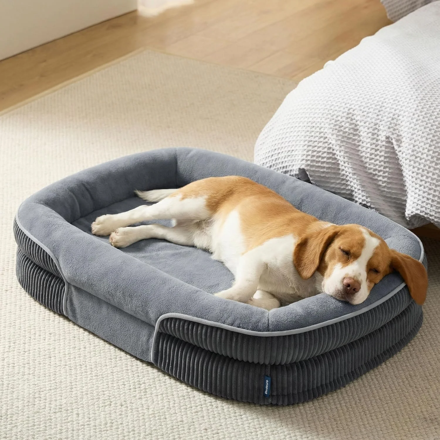 Senior dog resting comfortably on a Bedsure orthopedic dog bed with bolster support