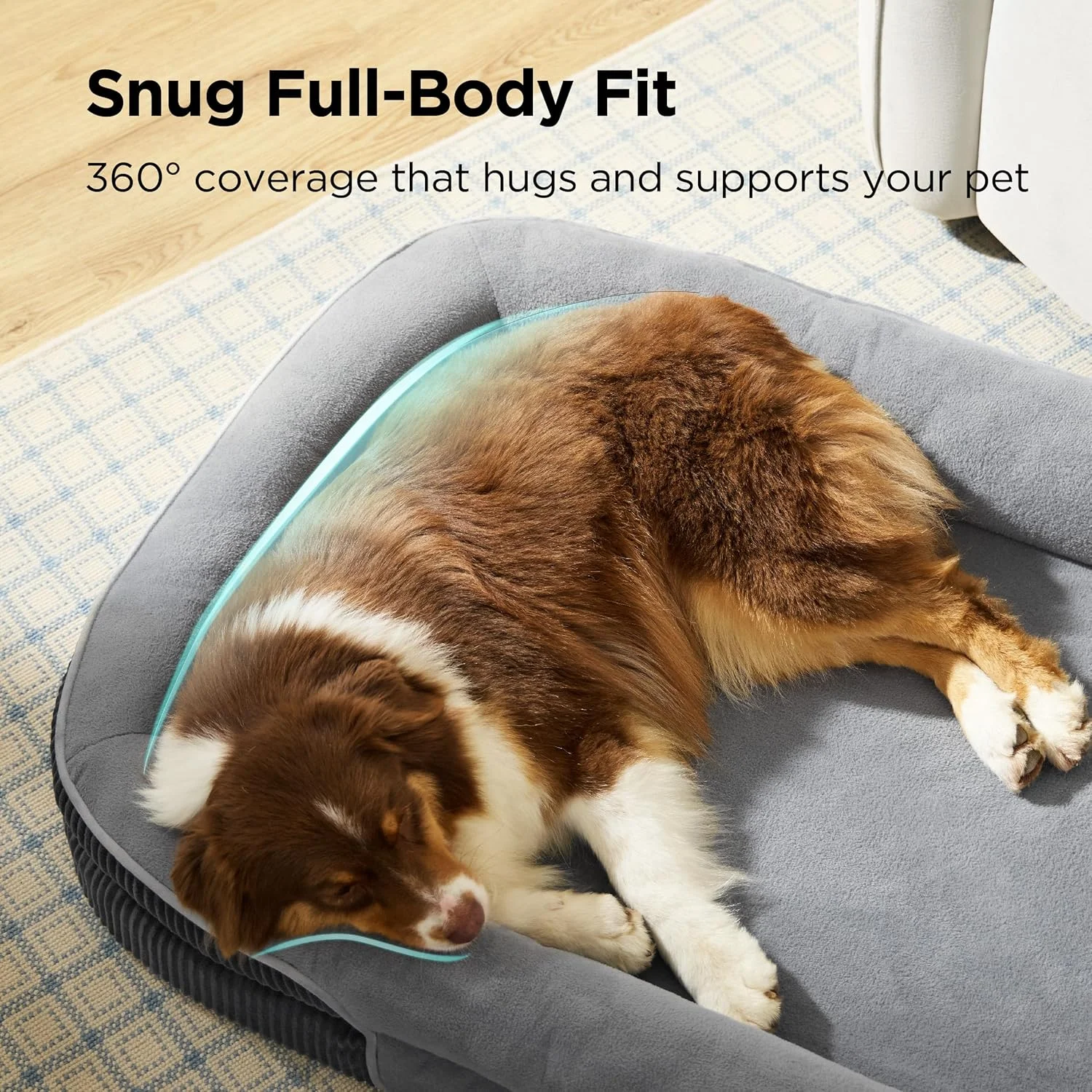 A dog resting its head on the plush bolster of the dog bed