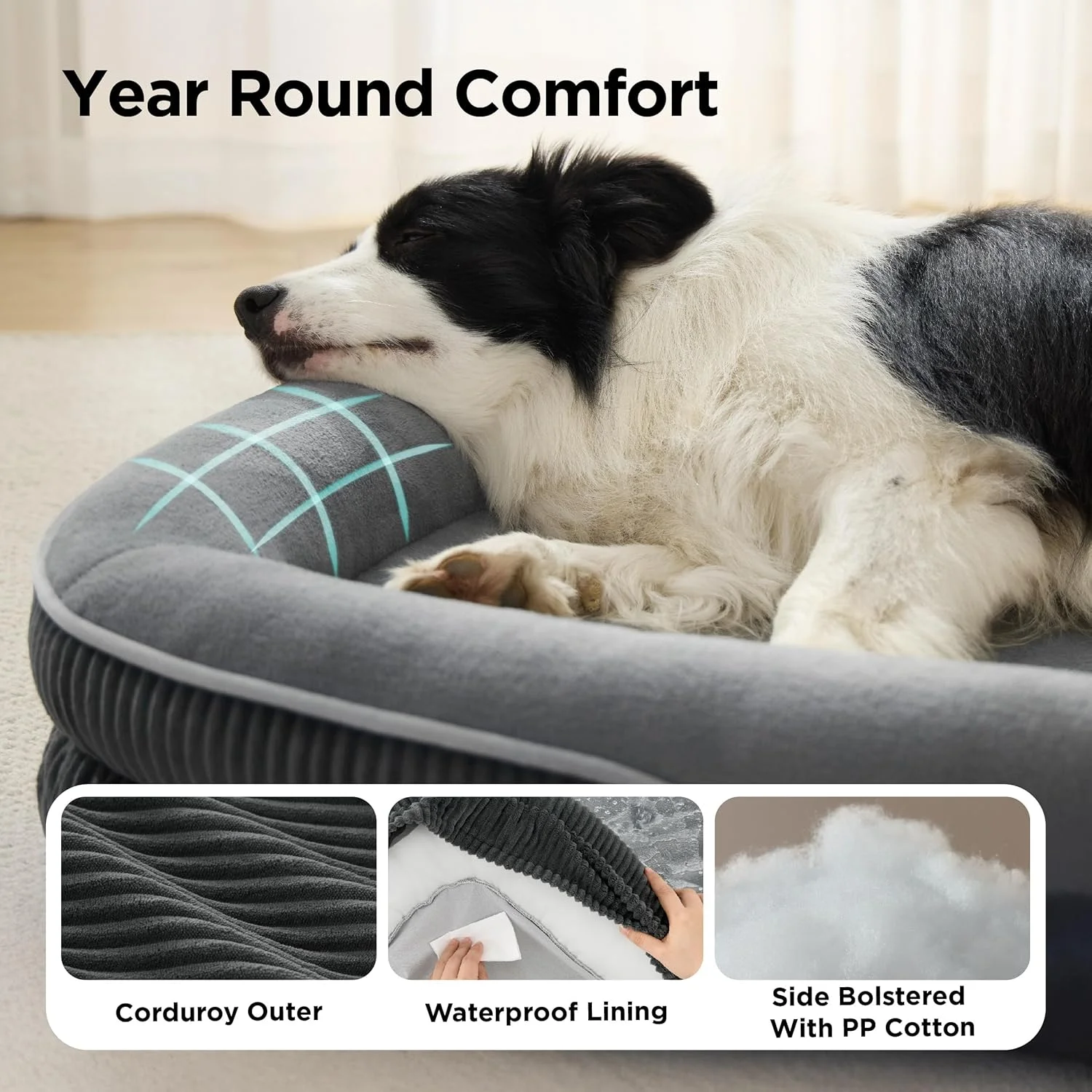 Bedsure Orthopedic Dog Beds Large Sized Dog - 360° Oval Bolster Large Dogs Bed for Senior Dogs with Waterproof Washable Cover, Big Comfort Pet Sofa Couch with Ultra-Soft Fleece, Grey, 35"