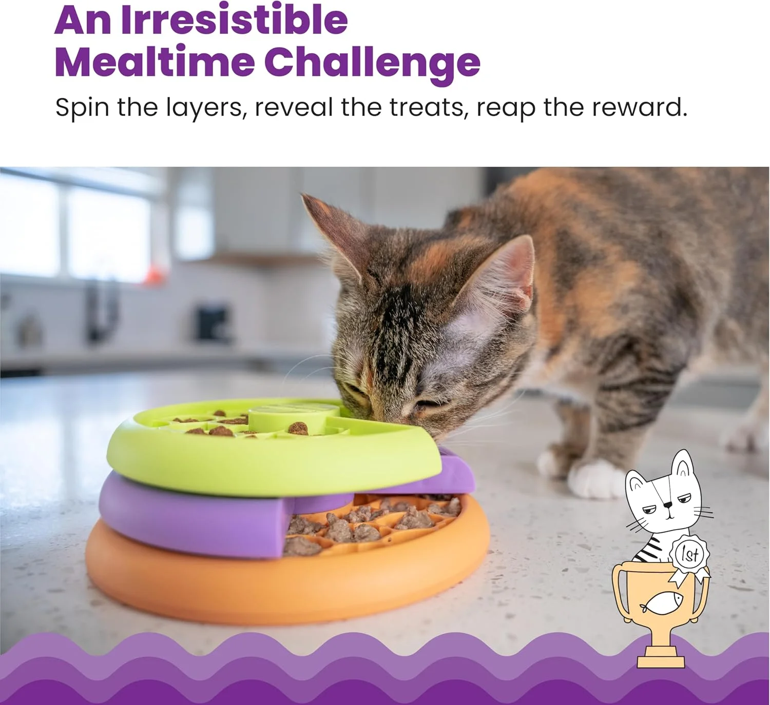 Close up of cat pawing at the rotating puzzle layers