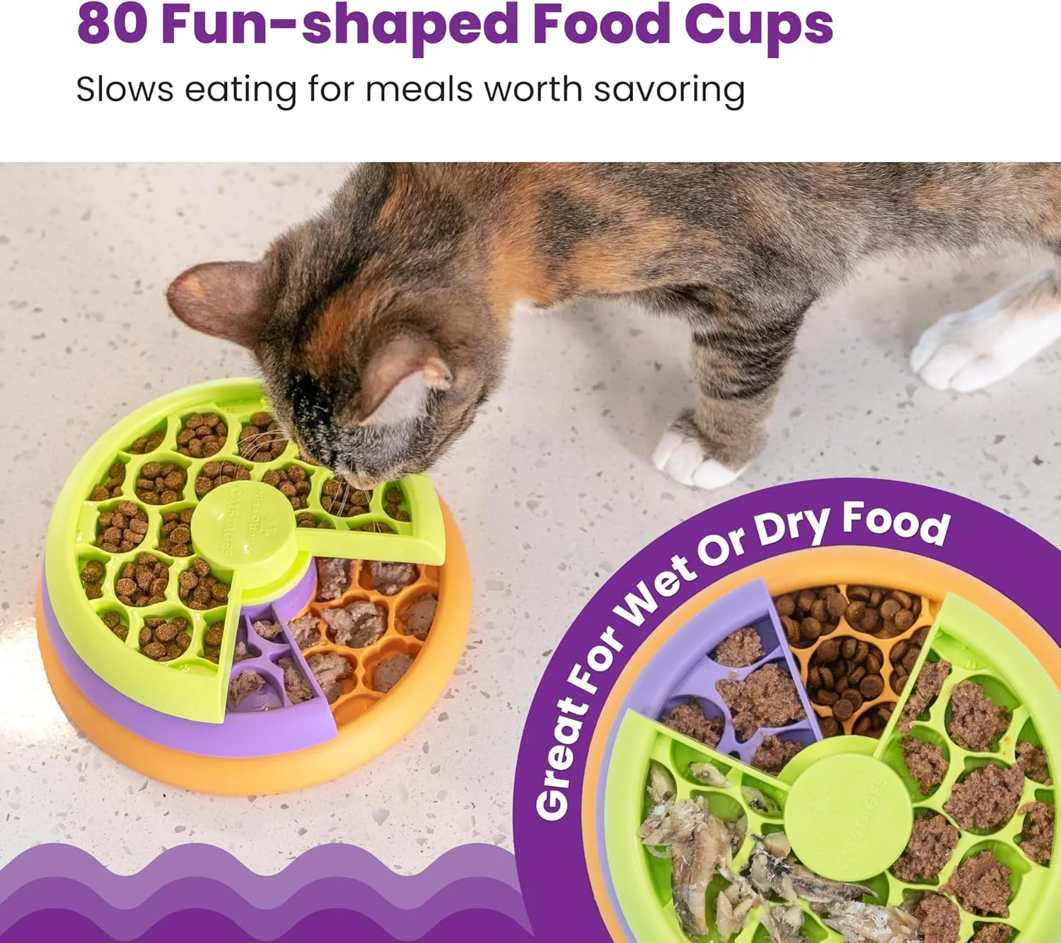 Cat enjoying wet food in the slow feeder compartments