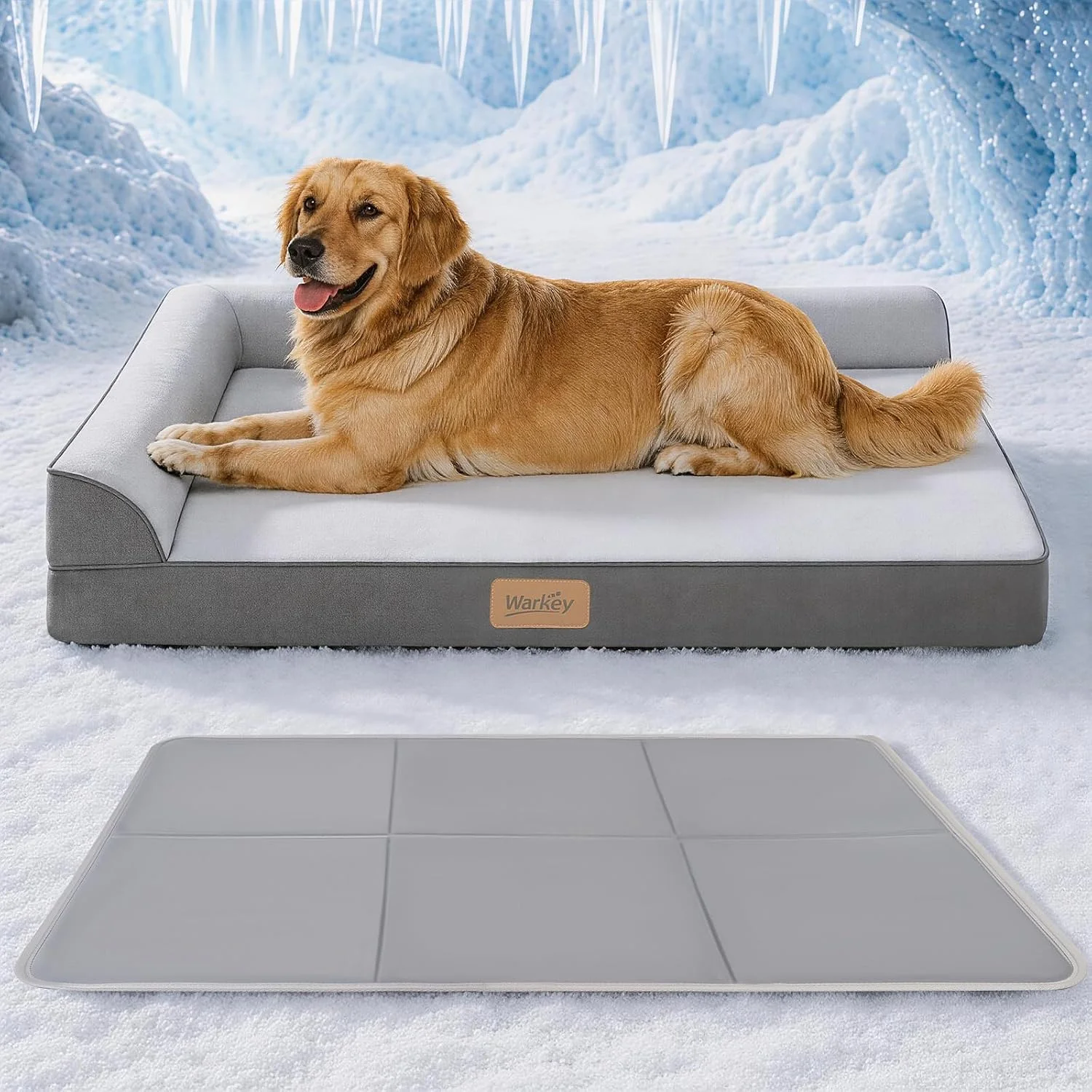 Senior dog resting comfortably on a large orthopedic cooling bed