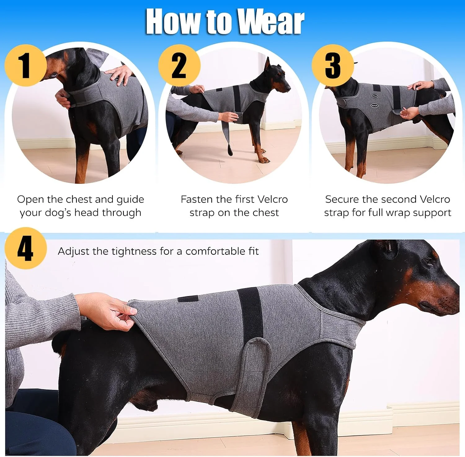 Adjustable hook and loop straps on calming shirt