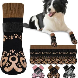 Dog Socks to Prevent Licking Paws - Double Side Dog Booties for Hot Pavement, Dogs Paw Sock, No Twist Dogs Socks for Hardwood Floors Anti Slip, Black and Caramel, L