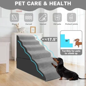 Dog Stairs for High Beds 30-36 inches Tall, 6-Step Dog Steps for Bed 32-36 inches for Small Large Dogs, Doggie Ramp for Bed, 30D Foam Pet Stairs for Old Dogs/Cats, Free-Installation, Grey view 3