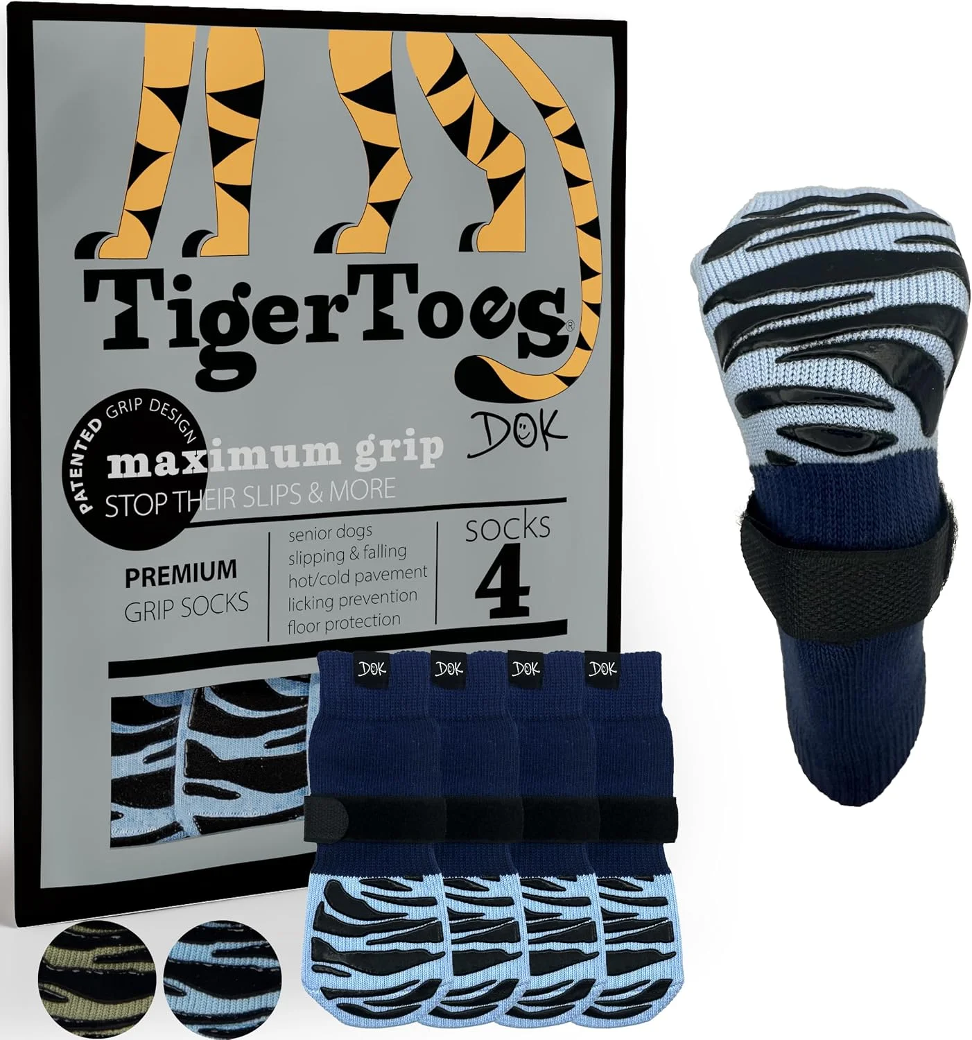 Senior dog wearing DOK TigerToes walking confidently on hardwood