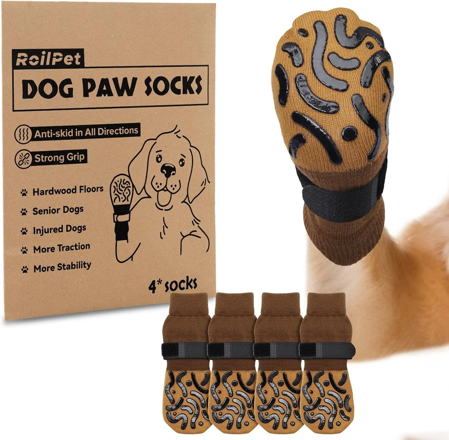Senior dog wearing non-slip socks on hardwood floor