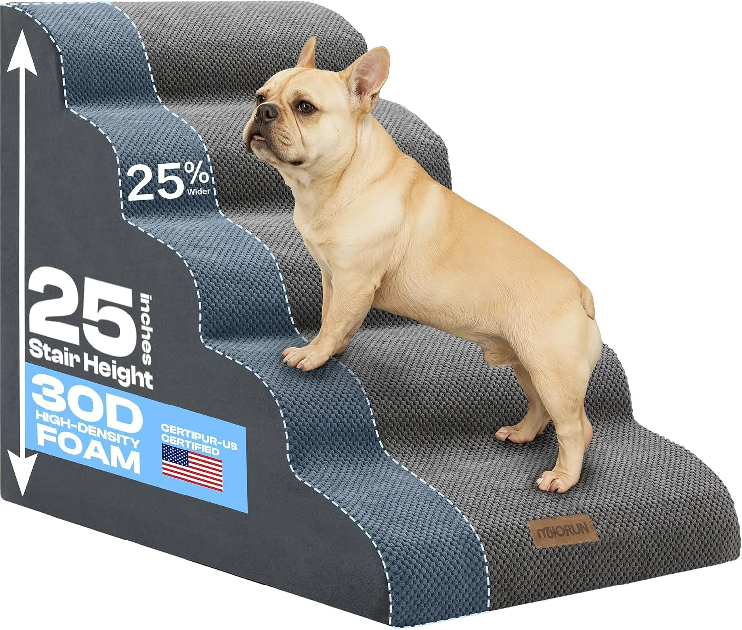 Senior dog comfortably using foam pet stairs