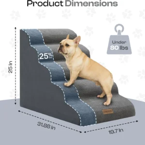Extra Wide Dog Stairs for Large Dogs Up to 80lbs, 25" Pet Steps for High Bed with Washable Cover, 5-Step Foam Bed & Couch Ladder for Small Medium Dogs & Senior Cat, Gray view 3