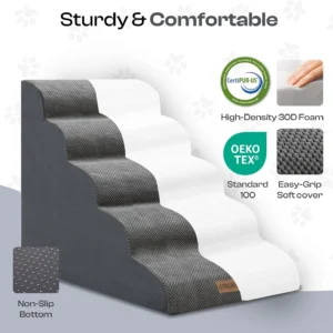 Extra Wide Dog Stairs for Large Dogs Up to 80lbs, 25" Pet Steps for High Bed with Washable Cover, 5-Step Foam Bed & Couch Ladder for Small Medium Dogs & Senior Cat, Gray view 4