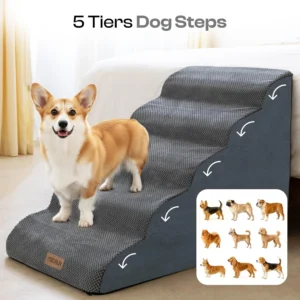 Extra Wide Dog Stairs for Large Dogs Up to 80lbs, 25" Pet Steps for High Bed with Washable Cover, 5-Step Foam Bed & Couch Ladder for Small Medium Dogs & Senior Cat, Gray view 6