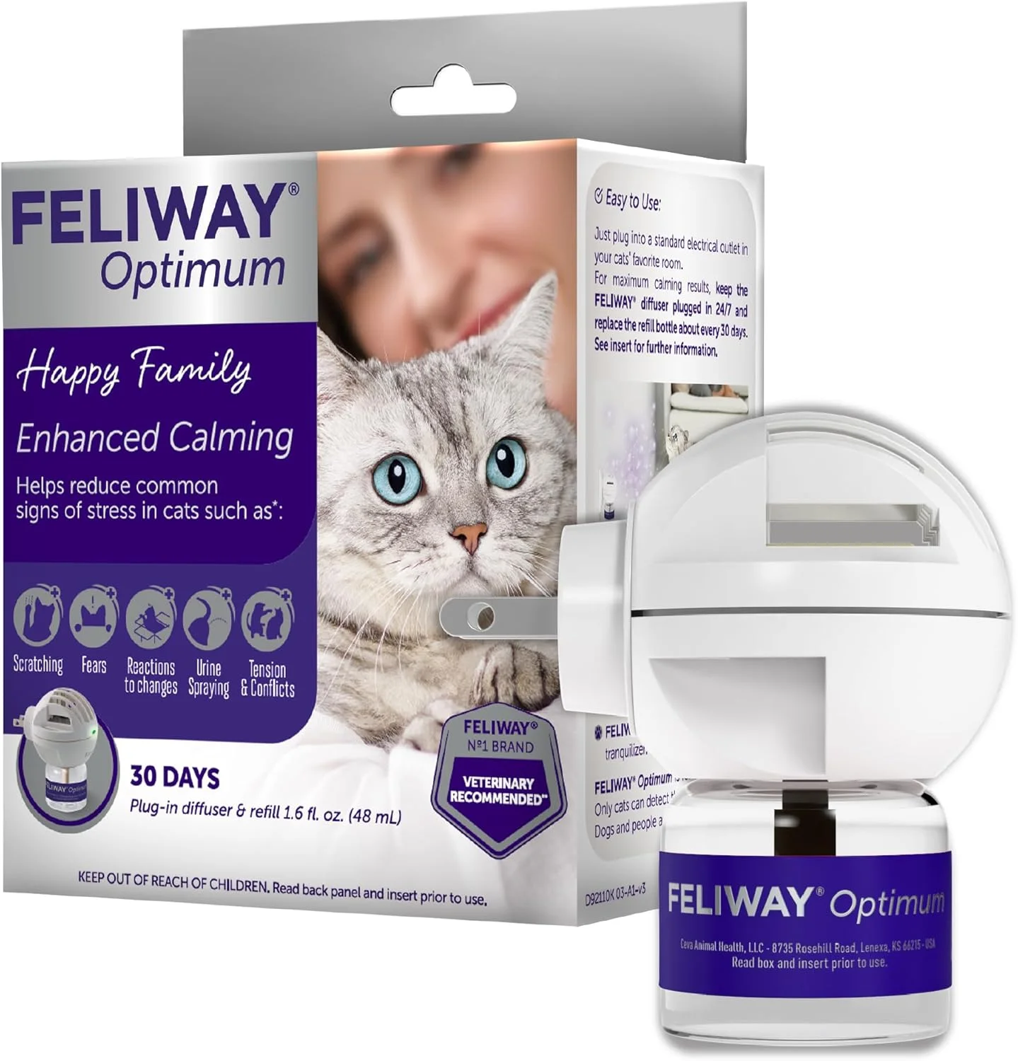 FELIWAY Optimum cat pheromone diffuser plugged into a home wall outlet