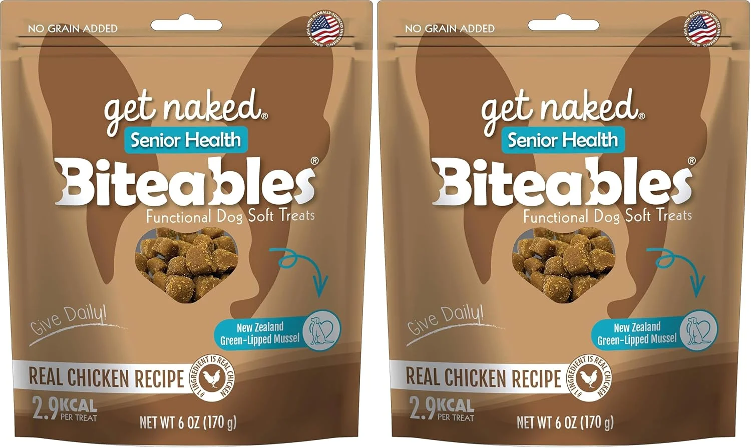 Get Naked Biteables Daily Soft Dog Treats for Senior Health, Made with Real Chicken and New Zealand Green-Lipped Mussel, Functional Soft Chews for Senior Dogs, Grain-Free, 6oz