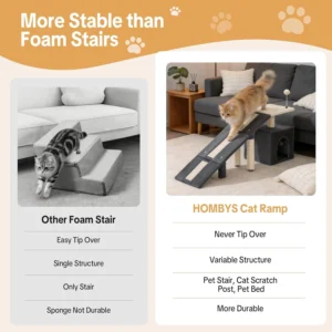 HOMBYS Cat Ramp for Bed, Gentle Slope Bed Access Ramp with Fun Spring Ball Toy & Sisal Scratching Posts, Soft Pet Ramp for Elderly Cats, Joint-Friendly Alternative to Cat Stairs view 2