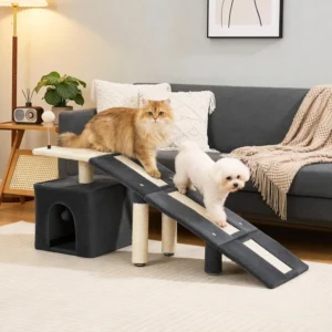 HOMBYS Cat Ramp for Bed, Gentle Slope Bed Access Ramp with Fun Spring Ball Toy & Sisal Scratching Posts, Soft Pet Ramp for Elderly Cats, Joint-Friendly Alternative to Cat Stairs view 3