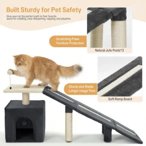 HOMBYS Cat Ramp for Bed, Gentle Slope Bed Access Ramp with Fun Spring Ball Toy & Sisal Scratching Posts, Soft Pet Ramp for Elderly Cats, Joint-Friendly Alternative to Cat Stairs view 5