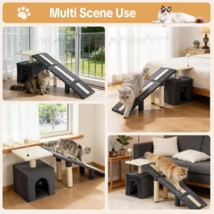 HOMBYS Cat Ramp for Bed, Gentle Slope Bed Access Ramp with Fun Spring Ball Toy & Sisal Scratching Posts, Soft Pet Ramp for Elderly Cats, Joint-Friendly Alternative to Cat Stairs view 7