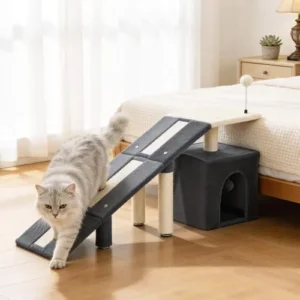 HOMBYS Cat Ramp for Bed, Gentle Slope Bed Access Ramp with Fun Spring Ball Toy & Sisal Scratching Posts, Soft Pet Ramp for Elderly Cats, Joint-Friendly Alternative to Cat Stairs