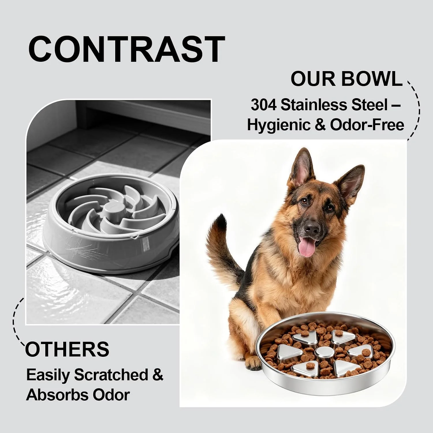 Close up of high quality stainless steel dog bowl texture