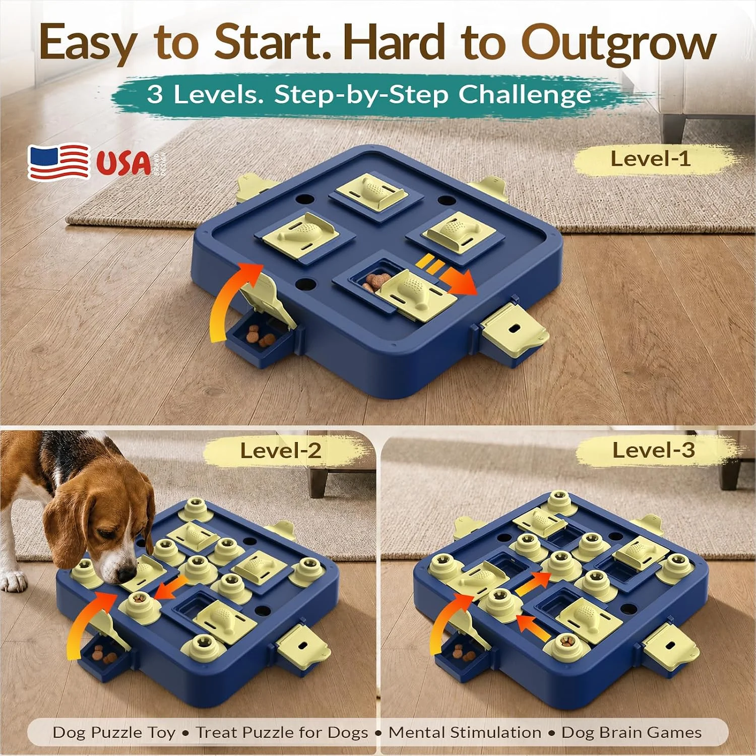 Dog solving a complex puzzle toy