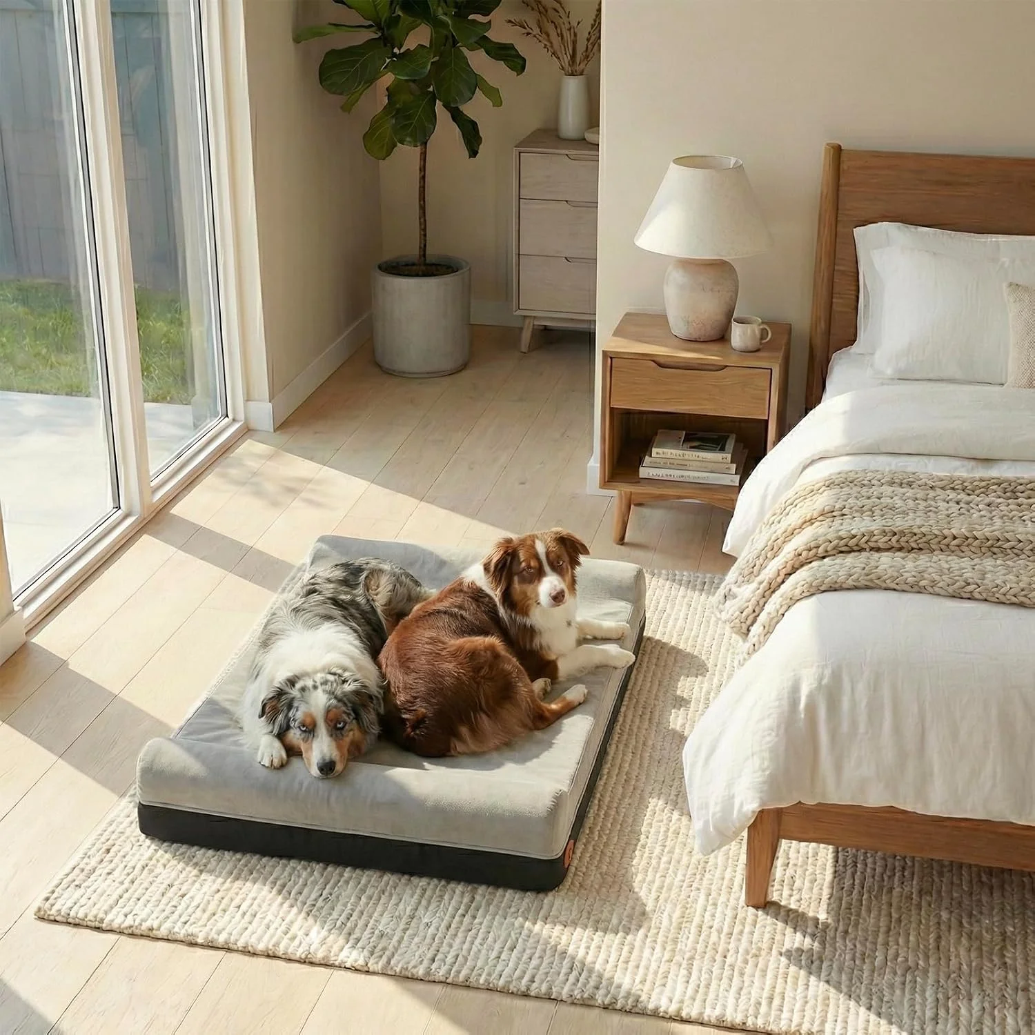 Dog resting its head on the Laifug dual-pillow bolster system