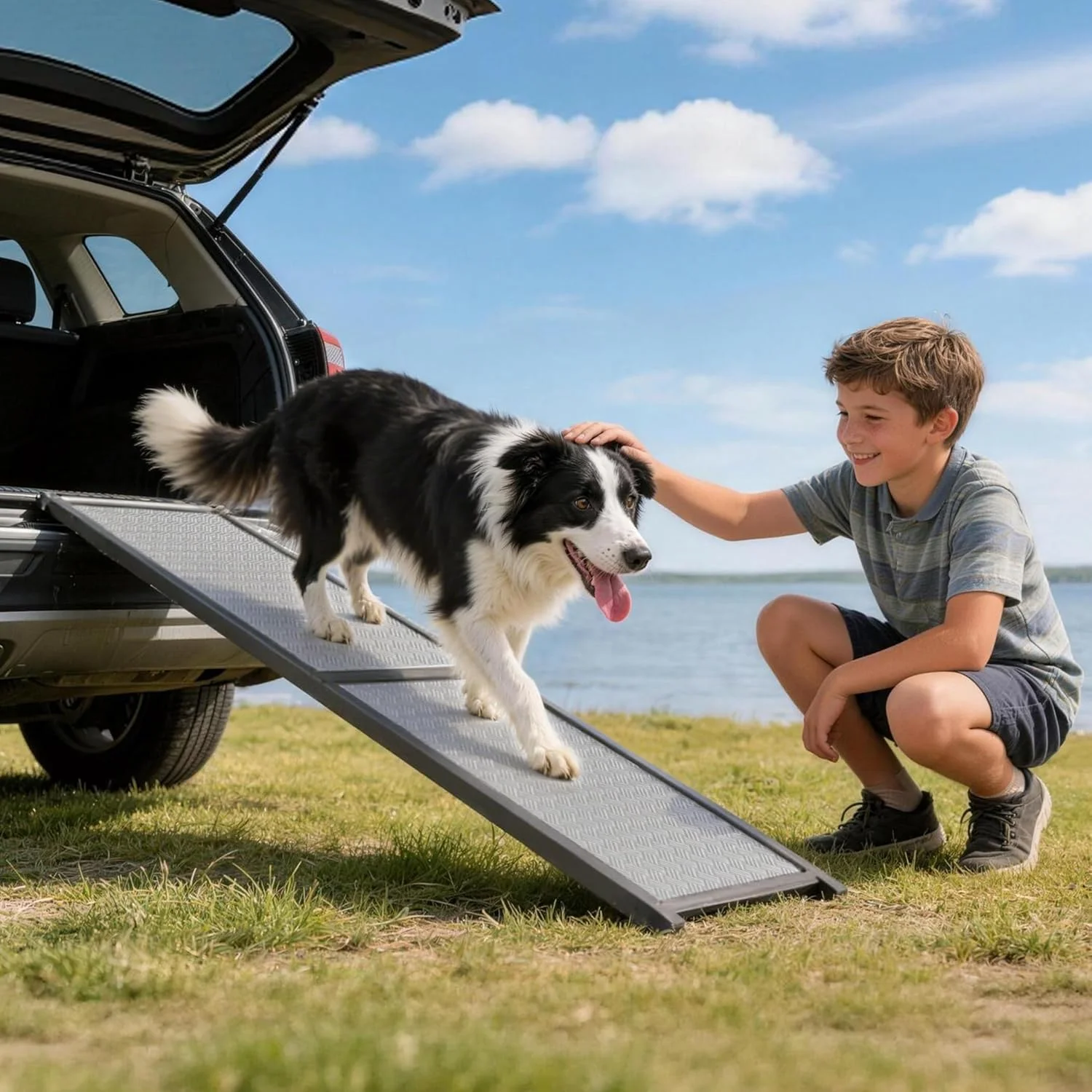 Golden Retriever walking comfortably up a gentle slope dog ramp