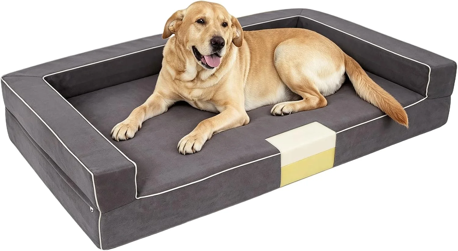 Large senior dog resting comfortably on orthopedic memory foam bed