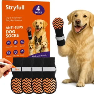 Non-Slip Dog Socks, Double-Sided Silicone Grip Dots for Hardwood Floors, Adjustable Strap with DIY Pet Name Area, Breathable Washable Paw Protection for Senior Dogs, 4-Pack view 1