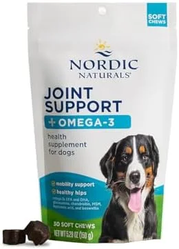 Nordic Naturals Pet Joint Support + Omega 3 Soft Chews for Dogs, Pork Bone Broth Flavored - Promotes Mobility, Hip and Joint Support with Omega-3 Fish Oil, MSM, EPA & DHA - 30 Non-GMO Chews