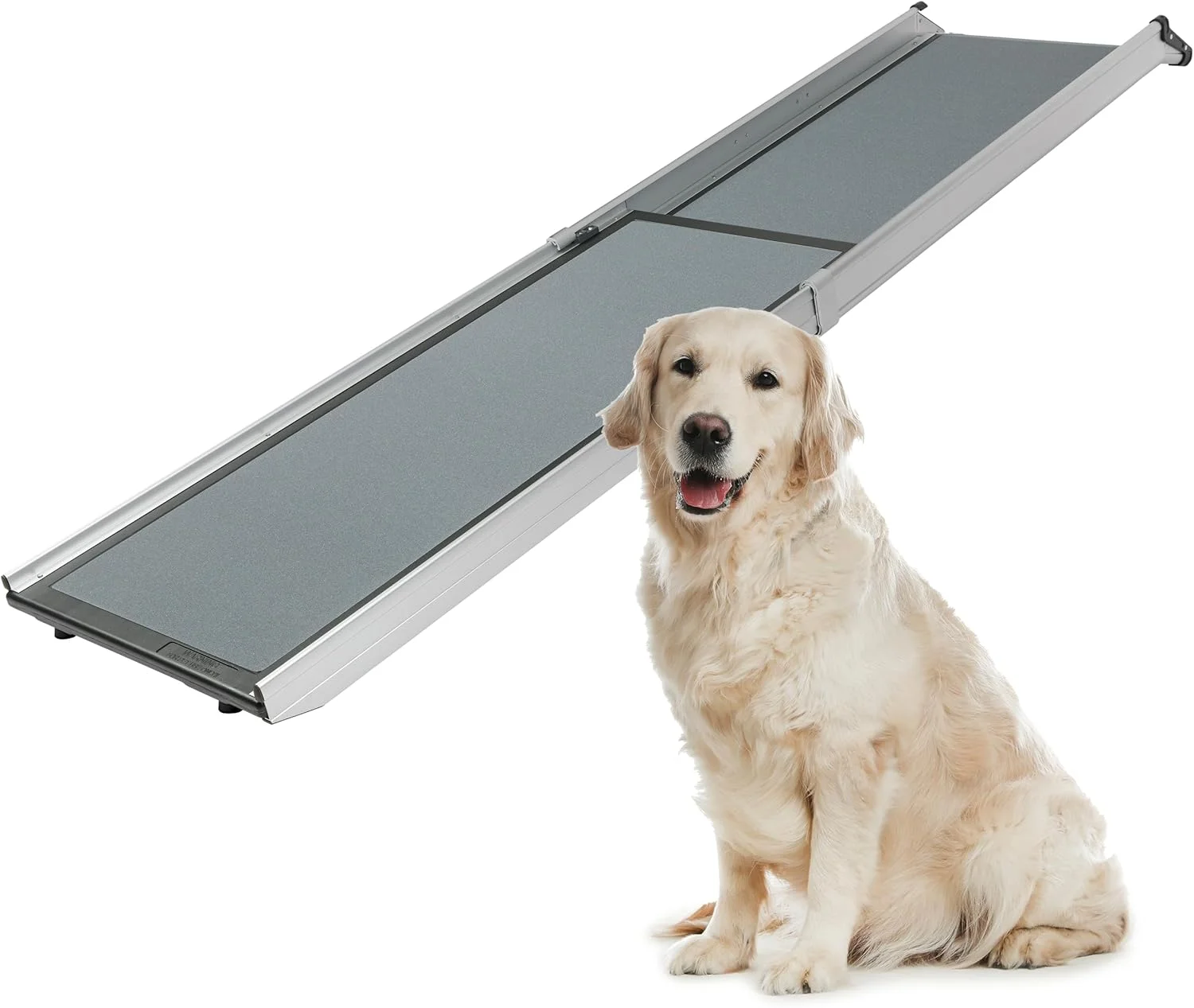 Senior dog using a telescoping ramp to enter a SUV