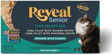 Reveal Tuna Senior Wet Cat Food Flakes in Mousse 8-Pack Protein, Limited Ingredient, Grain Free, Senior Cat Food, No Fillers, No Artificial Additives, No By-Products (8 x 2.47 oz Cans)