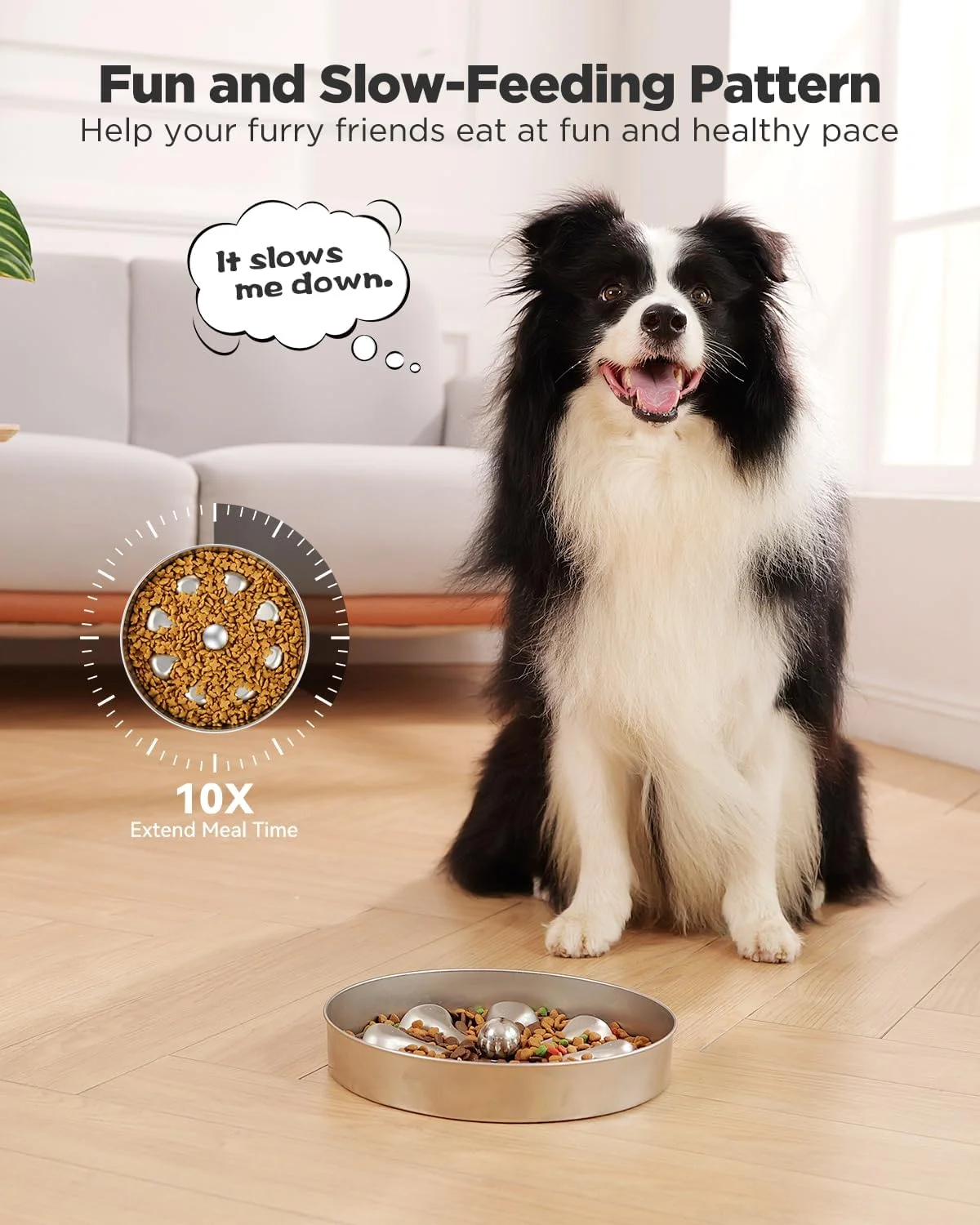 Dog eating slowly from a metal slow feeder