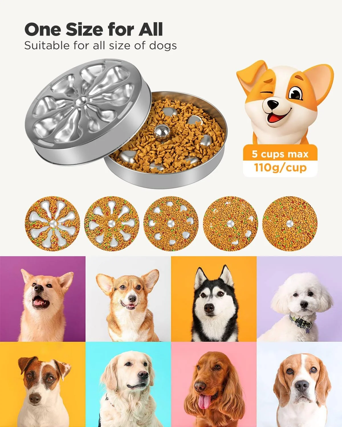 Various dog breeds using the bowl