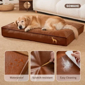 SOMAHE Waterproof Leather Orthopedic Dog Bed, Brown, Large 35.4x27.6x4in | Wipe-Clean Surface: pet hair, drool, wet paws, and spills wipe away fast; 4-inch support for medium-large dogs. view 3
