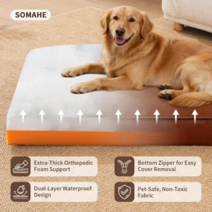 SOMAHE Waterproof Leather Orthopedic Dog Bed, Brown, Large 35.4x27.6x4in | Wipe-Clean Surface: pet hair, drool, wet paws, and spills wipe away fast; 4-inch support for medium-large dogs. view 5