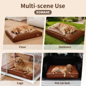 SOMAHE Waterproof Leather Orthopedic Dog Bed, Brown, Large 35.4x27.6x4in | Wipe-Clean Surface: pet hair, drool, wet paws, and spills wipe away fast; 4-inch support for medium-large dogs.