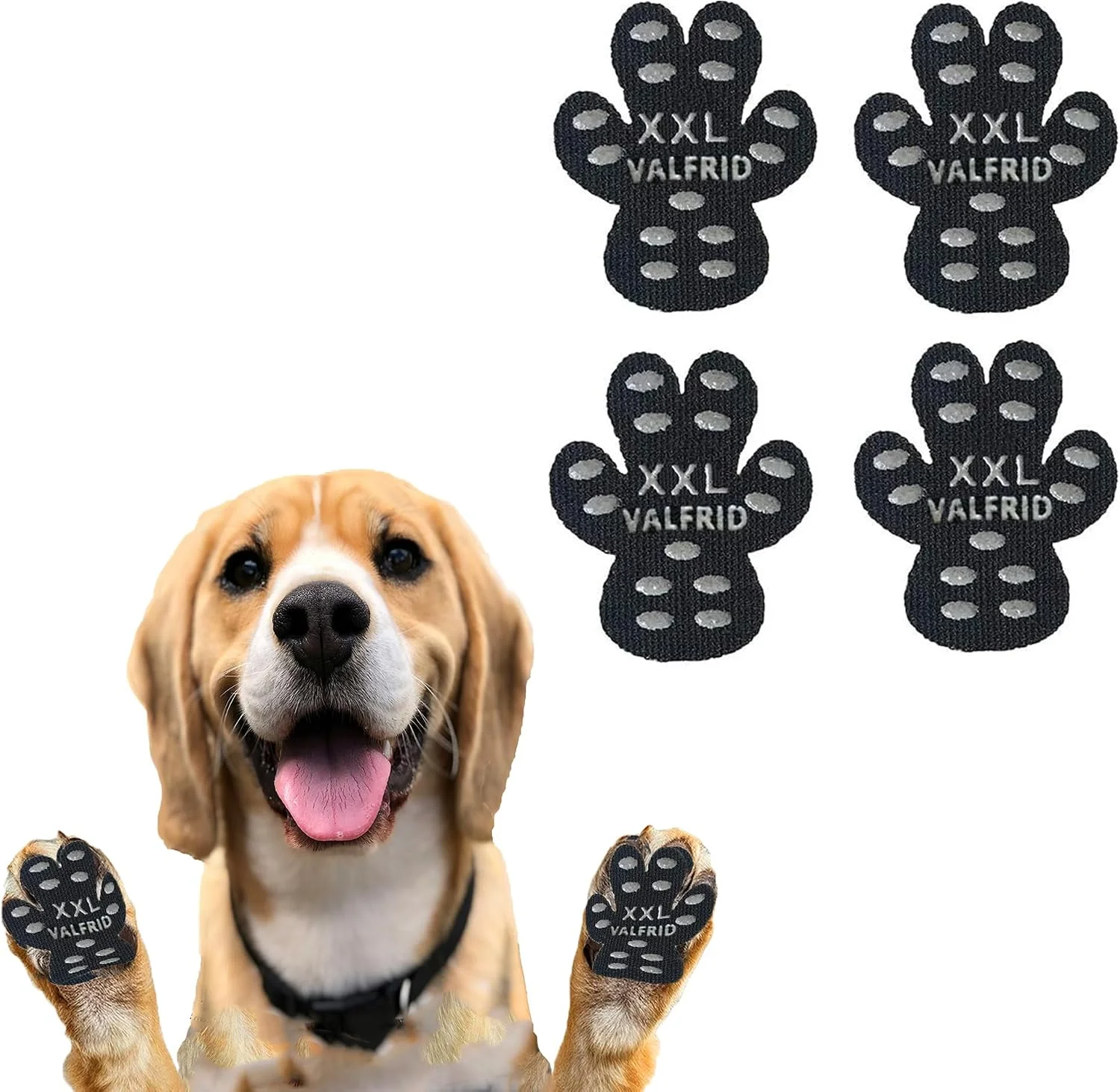 Senior dog walking confidently on hardwood floors with VALFRID traction pads